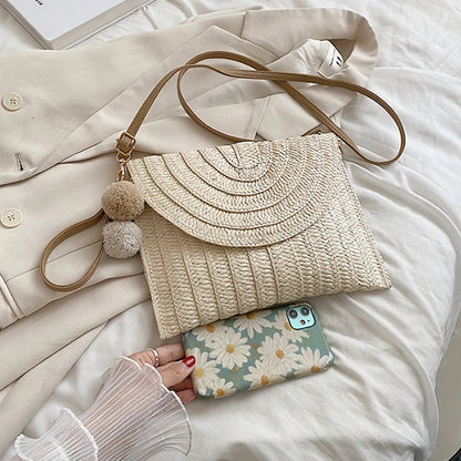 Pochette di paglia da spiaggia estiva borsa a tracolla con ciondolo a sfera carina per le donne borse a tracolla da viaggio borsa da donna borse Casual borsa di vimini