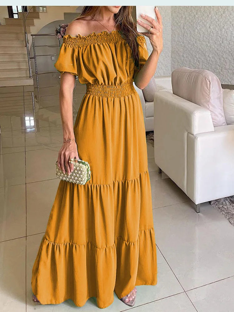2025 Abito estivo Boho solido Moda donna Elegante abito da festa in spiaggia Casual Slash Neck Office Maxi abiti per donna Robe Femme