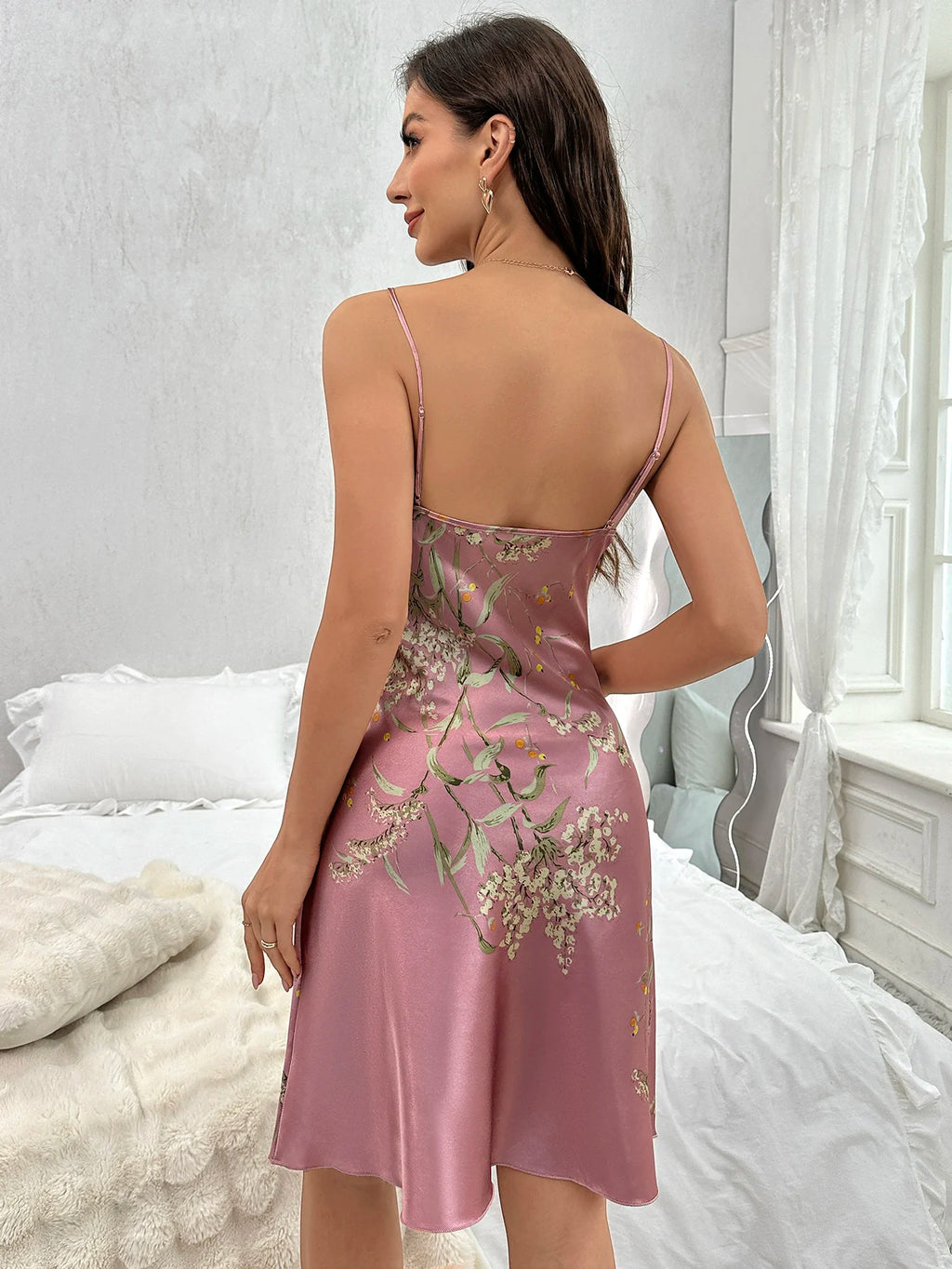 Camicia da notte con stampa floreale Abito da notte sexy con scollo a V e cinturino per spaghetti Abiti da notte da donna