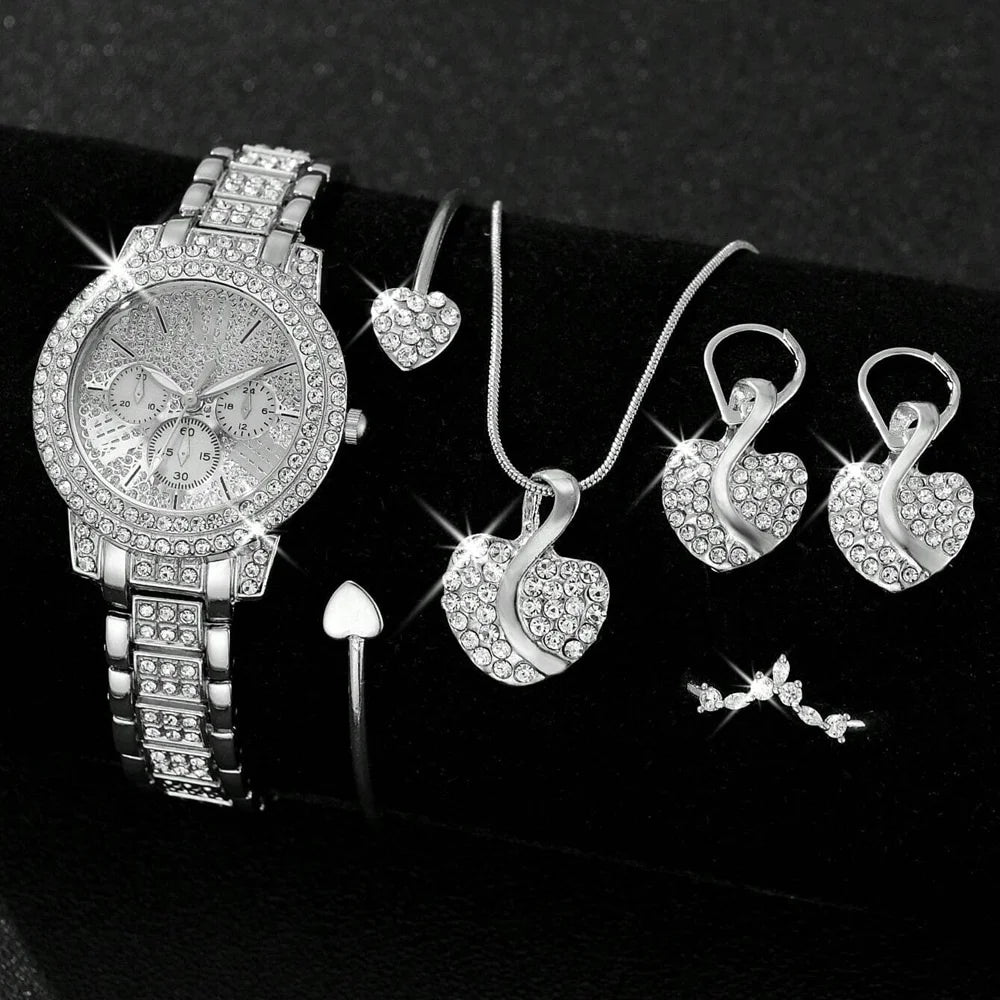 Montre à quartz pour femmes, bracelet de luxe en or, collier, boucles d'oreilles, strass, montre-bracelet tendance, montres décontractées pour dames, ensemble de bijoux