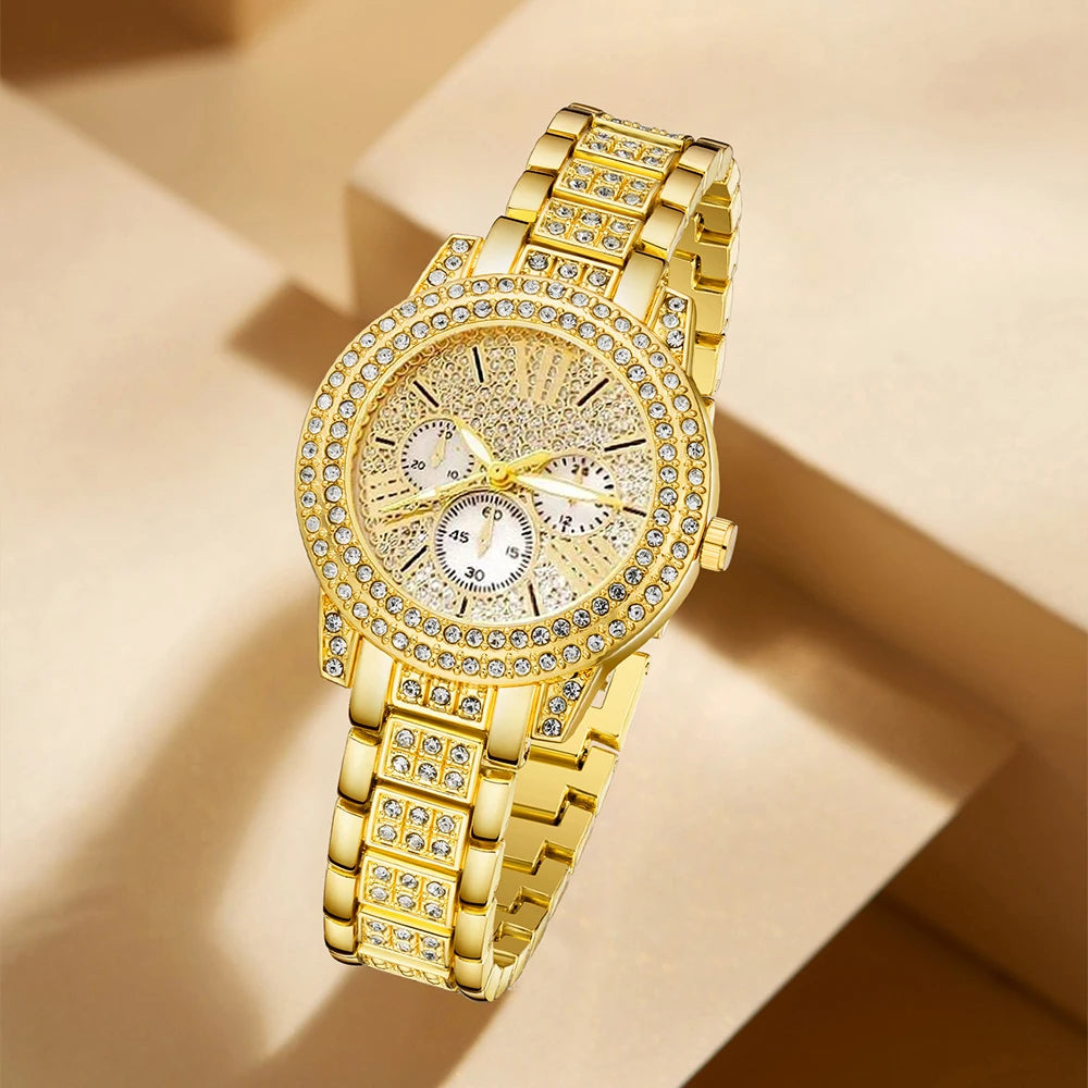Montre à quartz pour femmes, bracelet de luxe en or, collier, boucles d'oreilles, strass, montre-bracelet tendance, montres décontractées pour dames, ensemble de bijoux