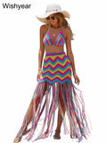 Sexy Sommer gestrickt 2-teiliges Kleid Sets Damen Häkelbikini-Oberteil und Schnürrock mit Quasten Strandparty Clubwear Outfits