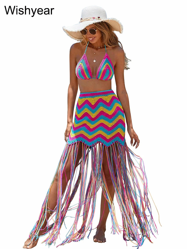 Ensembles sexy d'été tricotés 2 pièces pour femmes, haut de bikini au crochet et jupe à glands avec lacets, tenues de soirée pour la plage et les clubs
