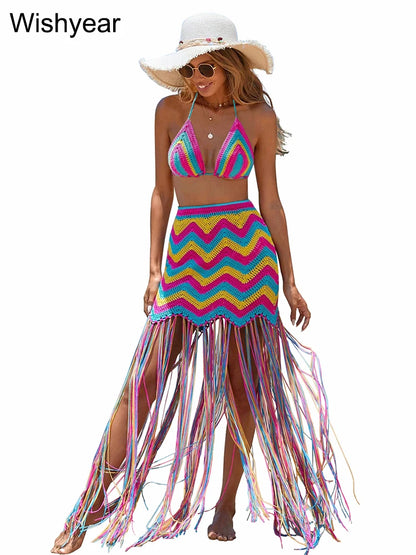 Ensembles sexy d'été tricotés 2 pièces pour femmes, haut de bikini au crochet et jupe à glands avec lacets, tenues de soirée pour la plage et les clubs