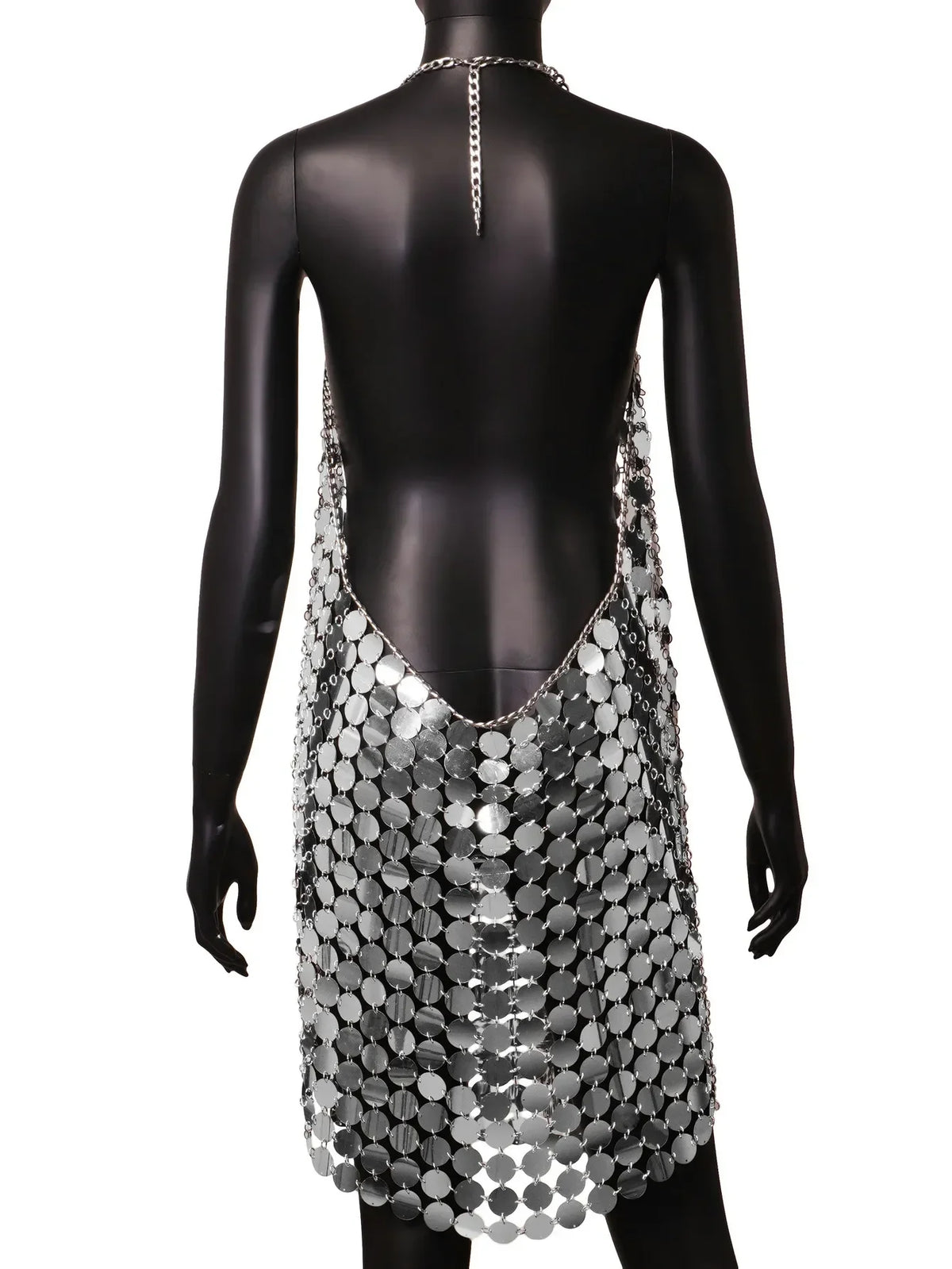 Mini abiti da donna alla moda senza maniche sexy senza schienale glitterato nero oro cotta di maglia con paillettes patchwork abito Diana Silver Disc
