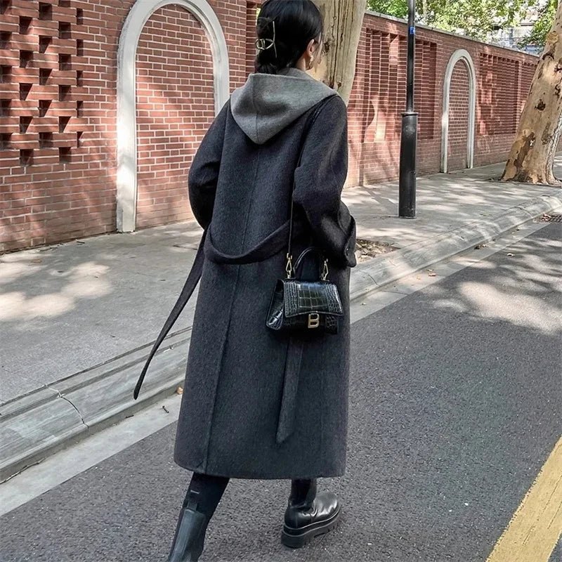 Giacca Invernale da Donna a Maniche Lunghe in Lana, Cappotto Casual di Alta Qualità per l'Autunno, Moda Coreana Femminile, Cappotto in Lana con Cappuccio e Vestibilità Comoda