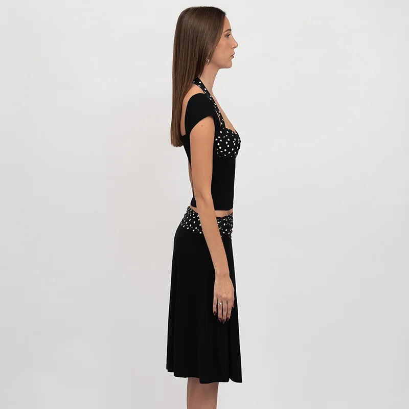 Nouvel ensemble d'été 2 pièces pour femmes, T-shirt et jupe, mode imprimé, haut noir sexy, jupe moulante décontractée, élégant, pour club ou soirée