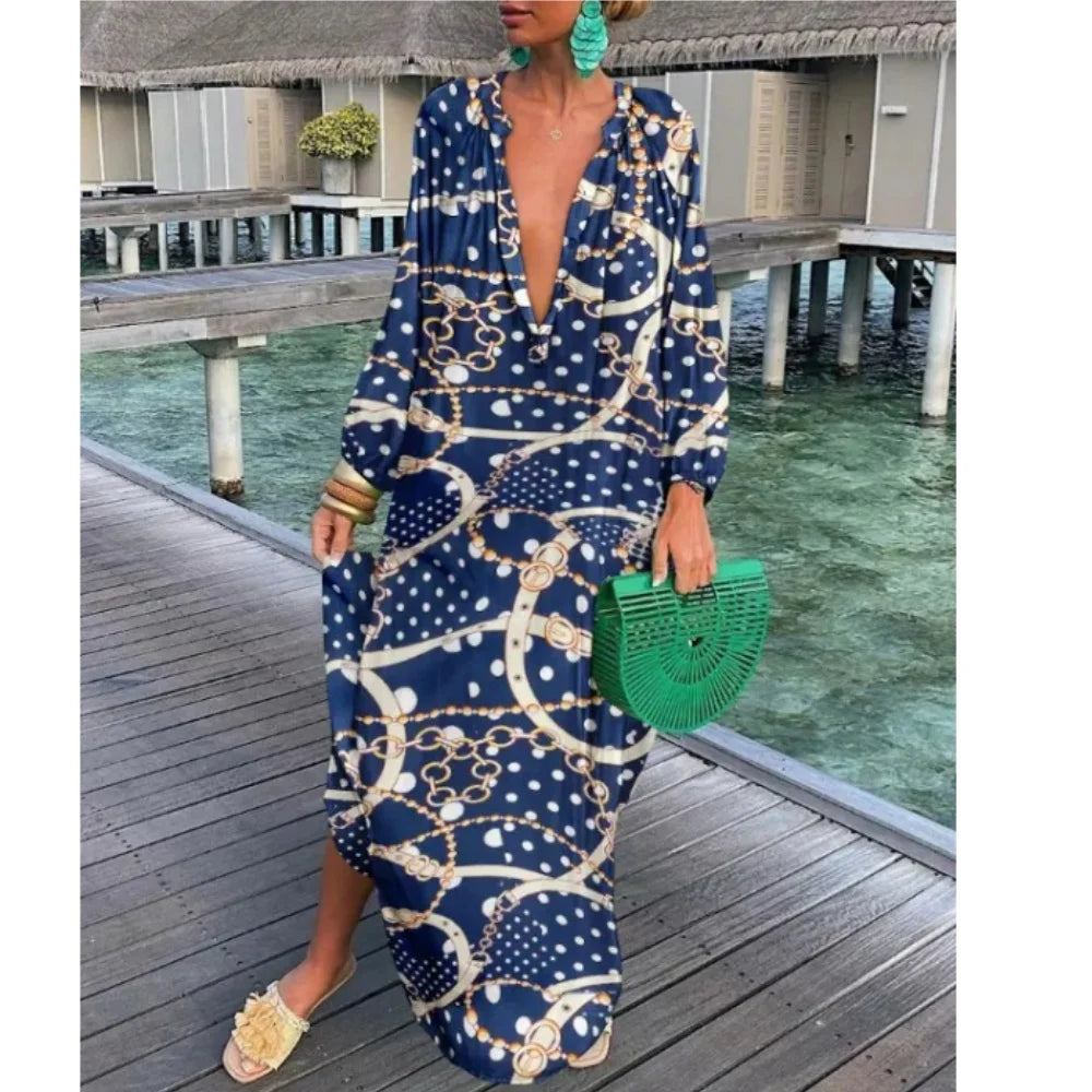 Abiti da donna eleganti 2023 Estate Casual Moda Stampa con scollo a V Allentato Retro Comodo abito maxi Abito femminile S-XXXL