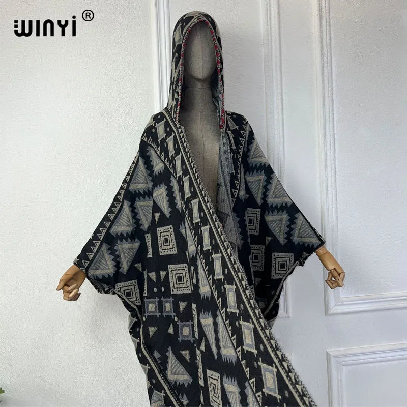 WINYI Winter cardigan outfit donna boho holiday dress stampa spessa calda femminile kaftan maxi dress Hooded mop coat fashion Abaya