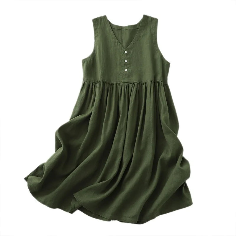 Nuovo Abito Estivo da Donna 2026 in Cotone e Lino, Senza Maniche, Casual, con Scollo a V e Bottoni, Vestito Midi Comodo