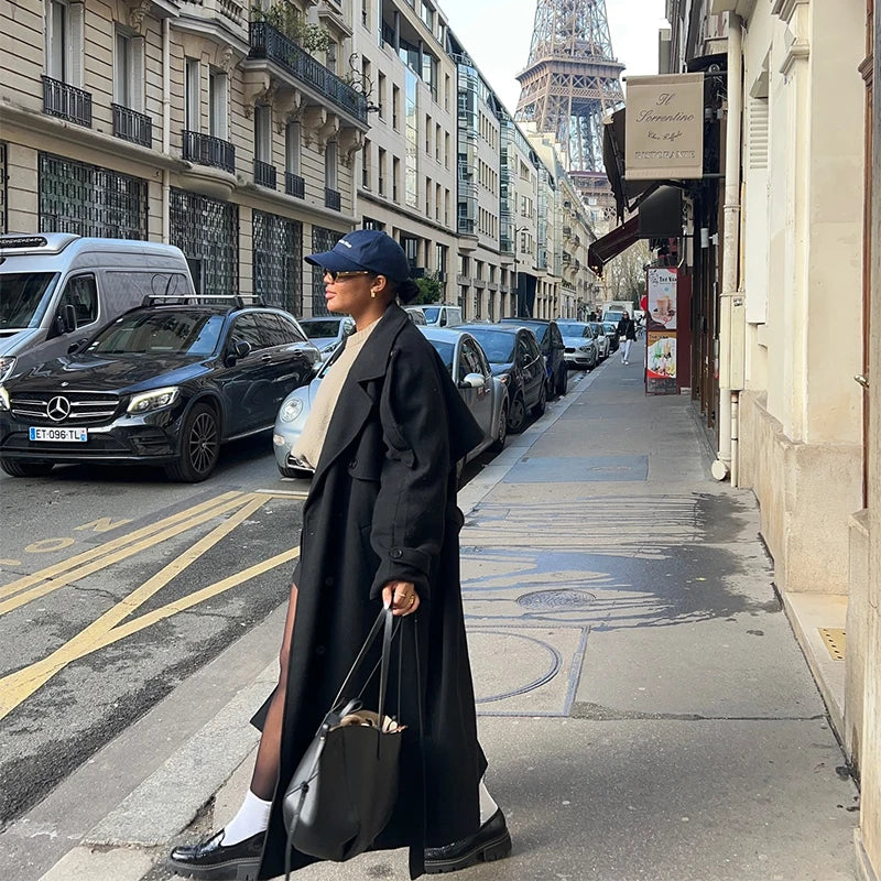 Cappotto di lana con cintura con risvolto retrò Cappotto doppiopetto casual a maniche lunghe da donna 2025 Nuovo autunno inverno Capispalla da donna solido