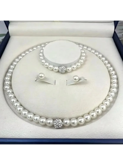 3 pezzi di perle finte palla di fuoco collana braccialetto orecchino set di gioielli con perno colore argento pietra di cristallo elegante regalo di gioielli da sposa