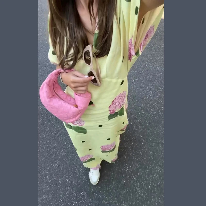 Abito da donna stampato a fiori casual Abito lungo femminile allentato a maniche corte con scollo a V profondo 2025 Primavera Estate Nuova moda Lady Robe