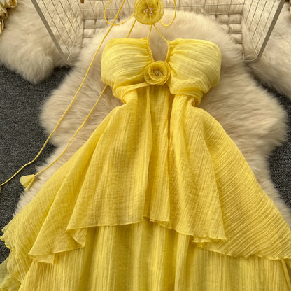 Elegante dolce vita alta scava fuori asimmetrico fiore tridimensionale abito halter vacanza sottile abiti estivi da festa per donna
