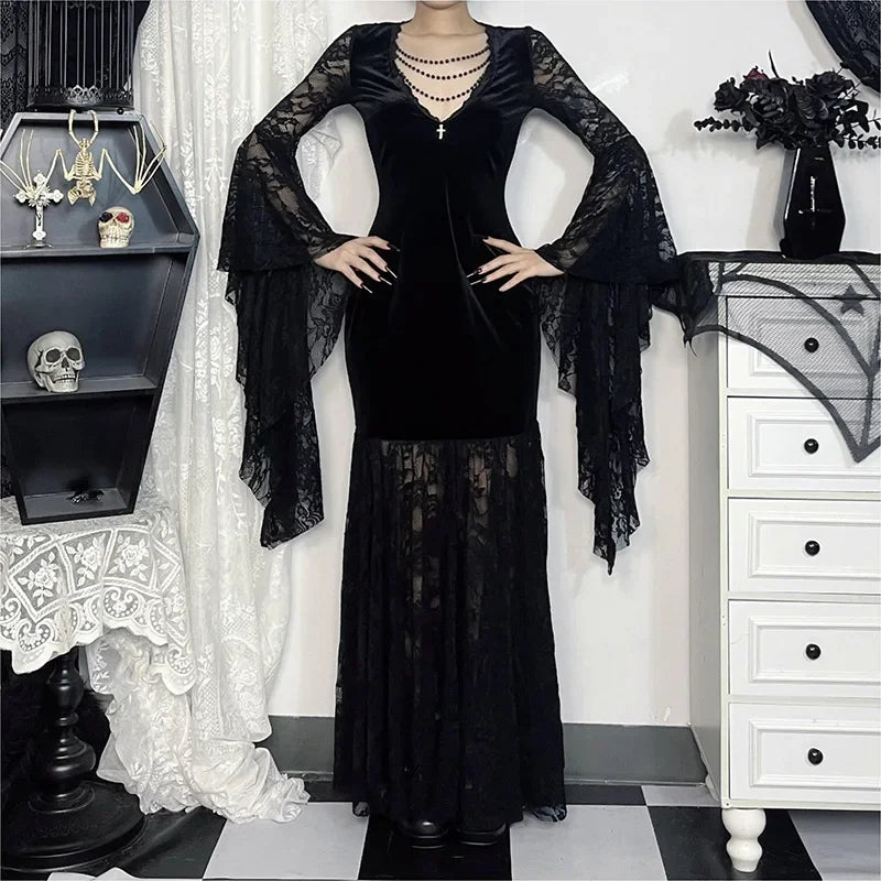 Y2K Goth floreale pizzo maglia manica svasata aderente abiti da festa sexy vintage elegante velluto nero con scollo a V abito lungo partywear