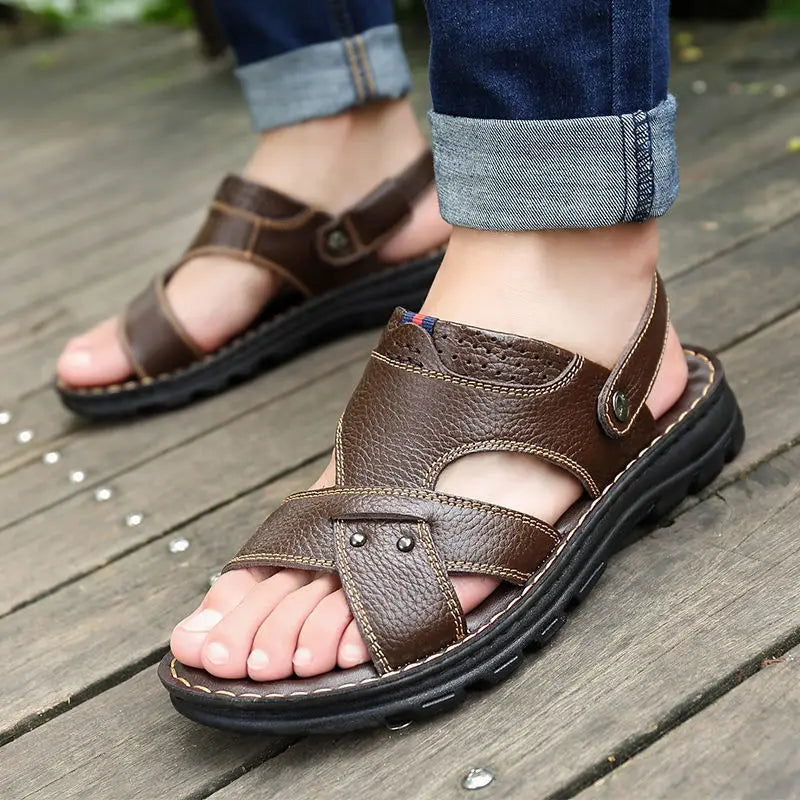 Herren-Ledersandalen für den Sommer, rutschfeste Herrenschuhe aus echtem Leder, Hausschuhe, Strandschuhe mit dicker Sohle für draußen, bequeme, weiche Herren-Sandalen