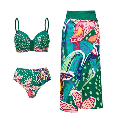 Vintage Green Abstract Print Bikini Set Women Push Up High Waist Swimsuit 2026 Beach Bathing Suit Long Skirt 3 Piece Swimwear