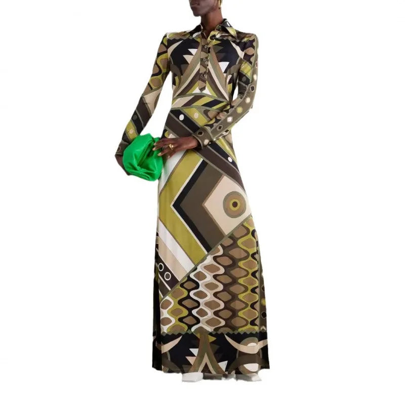 Donne eleganti autunno inverno stampa geometrica posizionamento bavero abito slim fit abiti maxi da festa con spacco a maniche lunghe alla moda