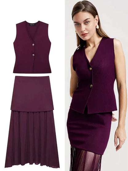 HH Set di gonne lavorate a maglia eleganti femminili 2024 Scollo a V con bottoni Canottiera + Gonna a pieghe patchwork a-line Abito solido alla moda