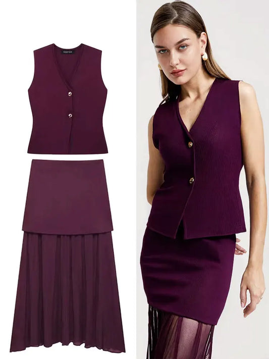 HH Set di gonne lavorate a maglia eleganti femminili 2024 Scollo a V con bottoni Canottiera + Gonna a pieghe patchwork a-line Abito solido alla moda