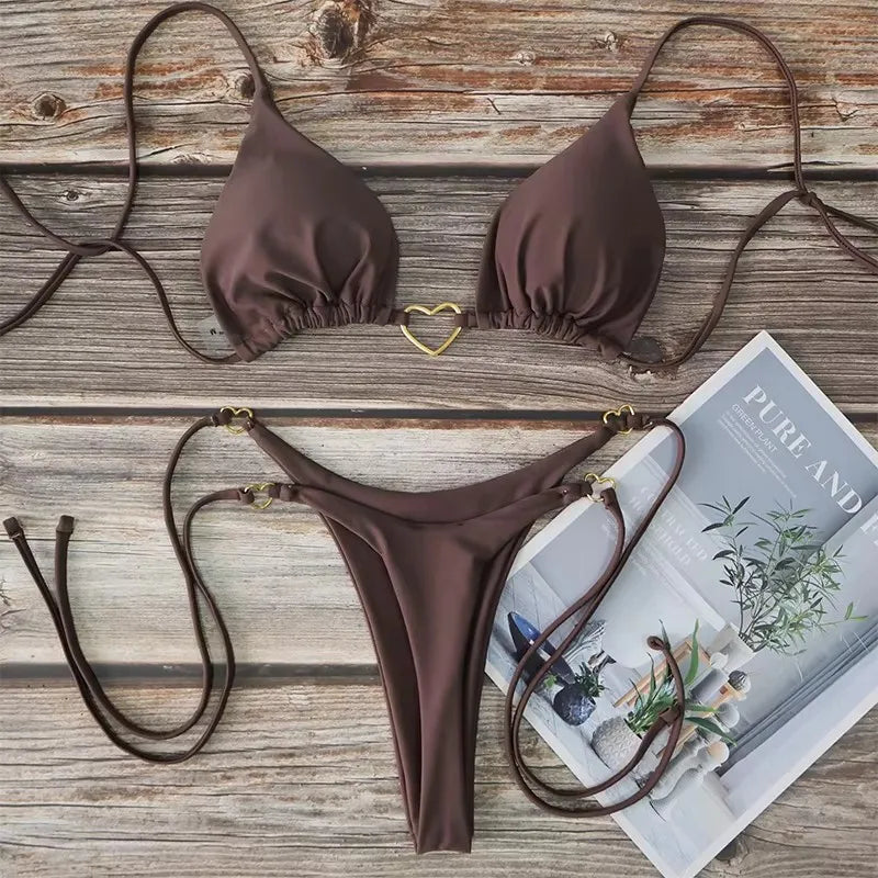 Damen Sexy Brasilianischer Bikini Set Neckholder Triangel Top String Unterteil Zweiteiliger Badeanzug Herz Bademode Sommer Strandmode
