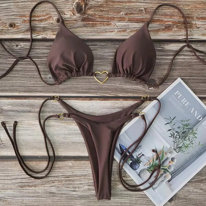 Damen Sexy Brasilianischer Bikini Set Neckholder Triangel Top String Unterteil Zweiteiliger Badeanzug Herz Bademode Sommer Strandmode