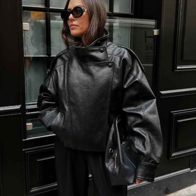 HXAO Giacca da donna in ecopelle Cappotto corto Giubbotti bomber neri per donna Capispalla invernale allentato Giacche da aviatore a collo alto