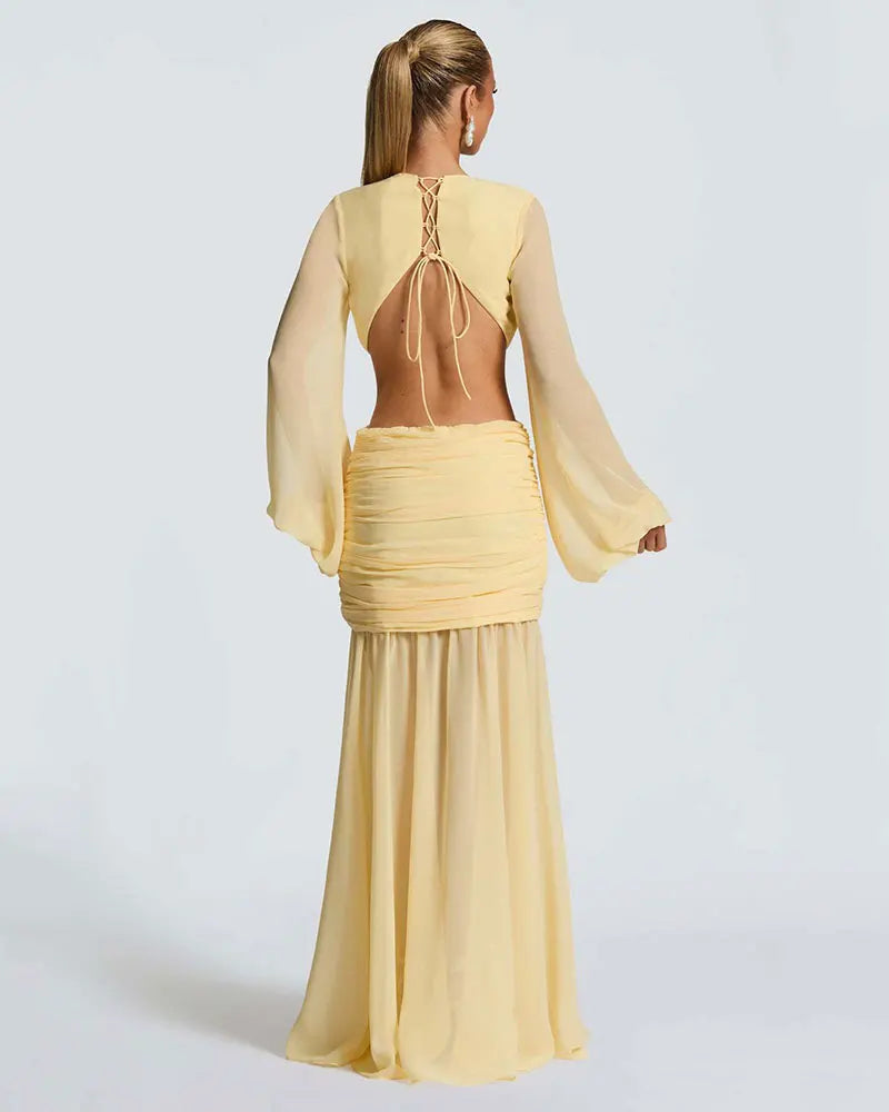 GACVGA Abito lungo elegante in chiffon per donna Nuovi abiti con maniche a lanterna Abiti lunghi aderenti da club sexy pieghettati