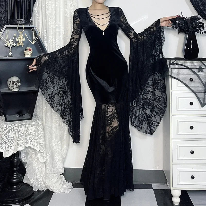 Y2K Goth floreale pizzo maglia manica svasata aderente abiti da festa sexy vintage elegante velluto nero con scollo a V abito lungo partywear