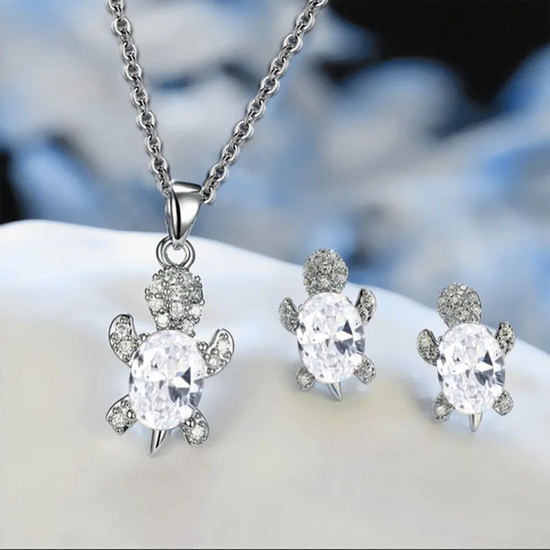 Set di orecchini con collana placcata in argento da 3 pezzi, da donna, leggero, di lusso, in stile moda, a forma di tartaruga con diamante in vetro multicolore