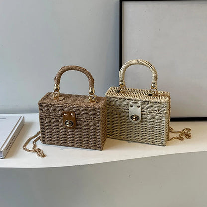 Borsa a tracolla in paglia di rattan Borsa a tracolla intrecciata a mano da donna Borsa a tracolla in paglia con scatola quadrata da spiaggia estiva per signora Bolsa Feminina