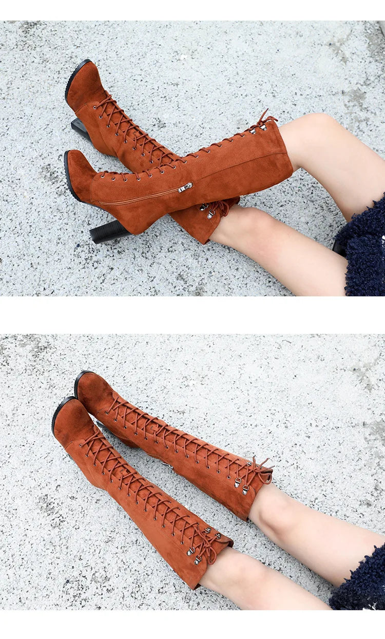 Knee-high Boots Woman Fashion Round Toe High Heeled Thigh High Boots Female Winter Warm Long Boots Grey Black Size 34-43