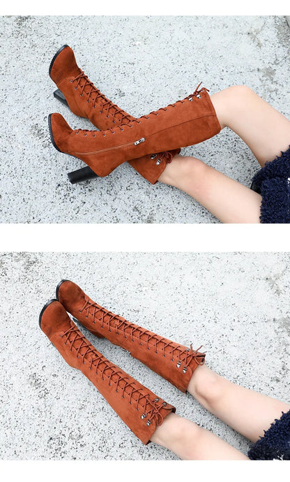 Knee-high Boots Woman Fashion Round Toe High Heeled Thigh High Boots Female Winter Warm Long Boots Grey Black Size 34-43