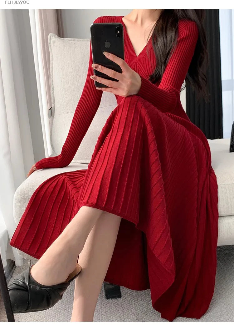 Inverno primavera abbigliamento di base donna capodanno rosso stile francese Design Slim Fit una linea scollo A V maglione lavorato A maglia abito lungo Maxi abiti