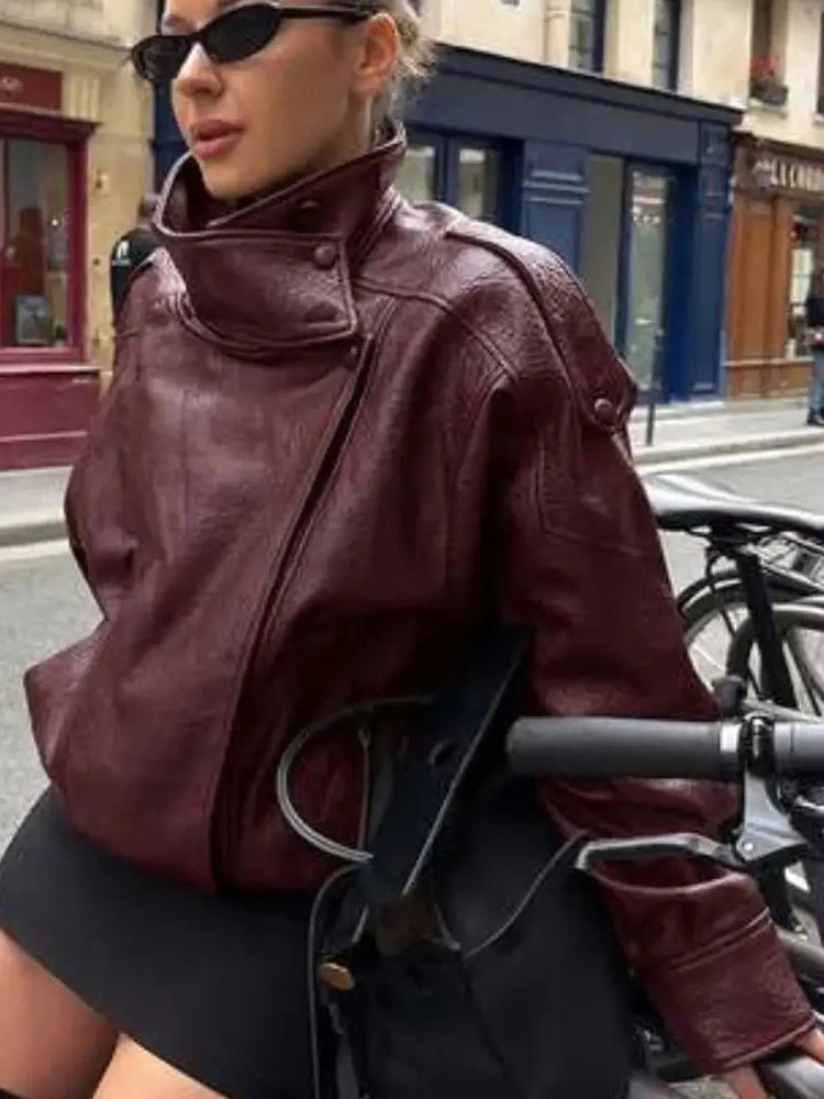 Giacche Corte in Ecopelle Nera alla Moda per Donne, Cappotti Oversize Retrò con Collo Alto e Maniche Lunghe, Abbigliamento Classico da Strada per Autunno e Inverno