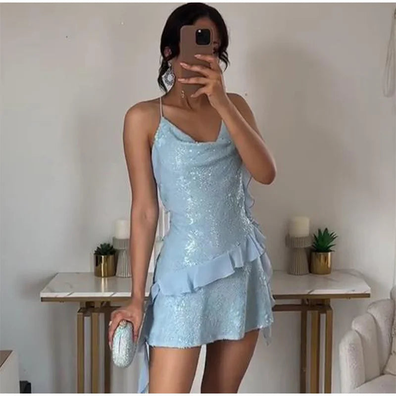 Sexy paillettes volant mini abito fionda donna solido scollo a V senza maniche backless abiti a trapezio 2025 estate signora chic abiti da festa
