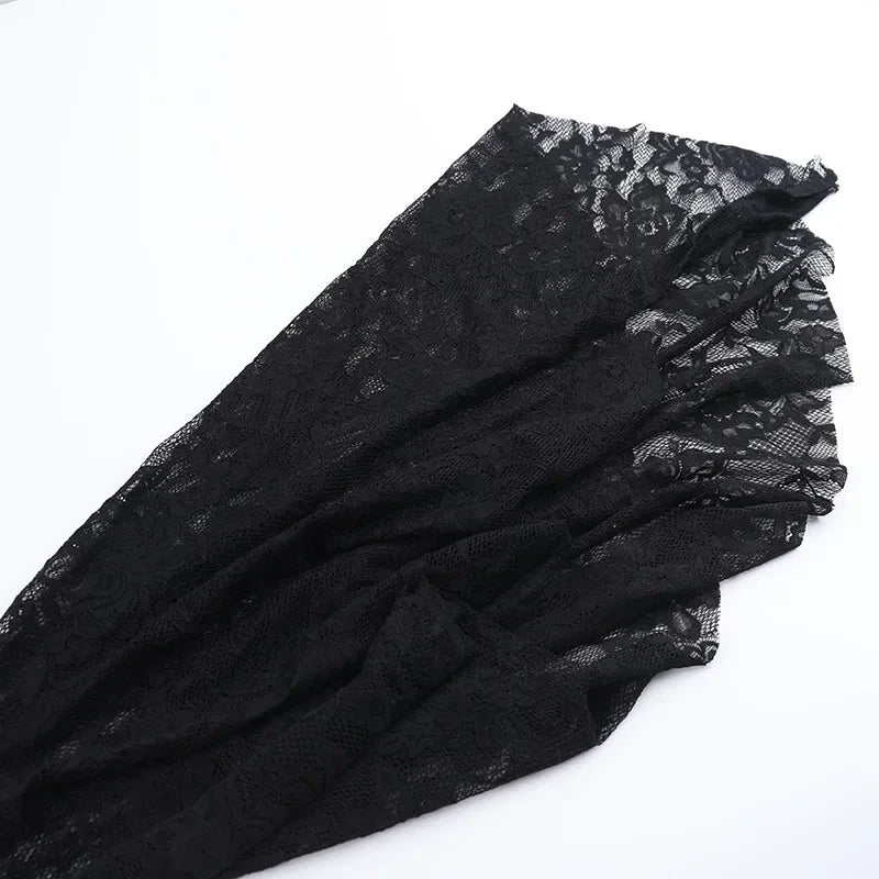 Y2K Goth floreale pizzo maglia manica svasata aderente abiti da festa sexy vintage elegante velluto nero con scollo a V abito lungo partywear