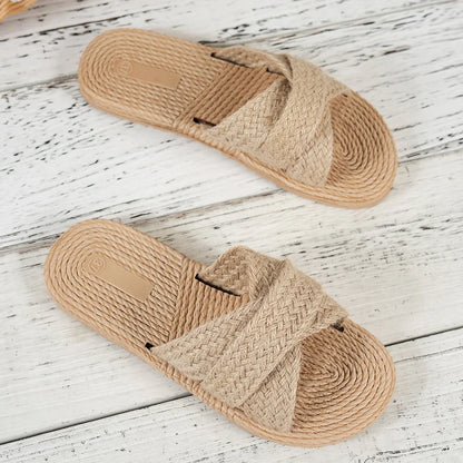 Damen-Hausschuhe Sommer Mode Trend Strohsandalen Strandpantoffeln für drinnen und draußen Freizeit-Flachschuhe Spielehersteller präsentieren Zapatos De Mujer