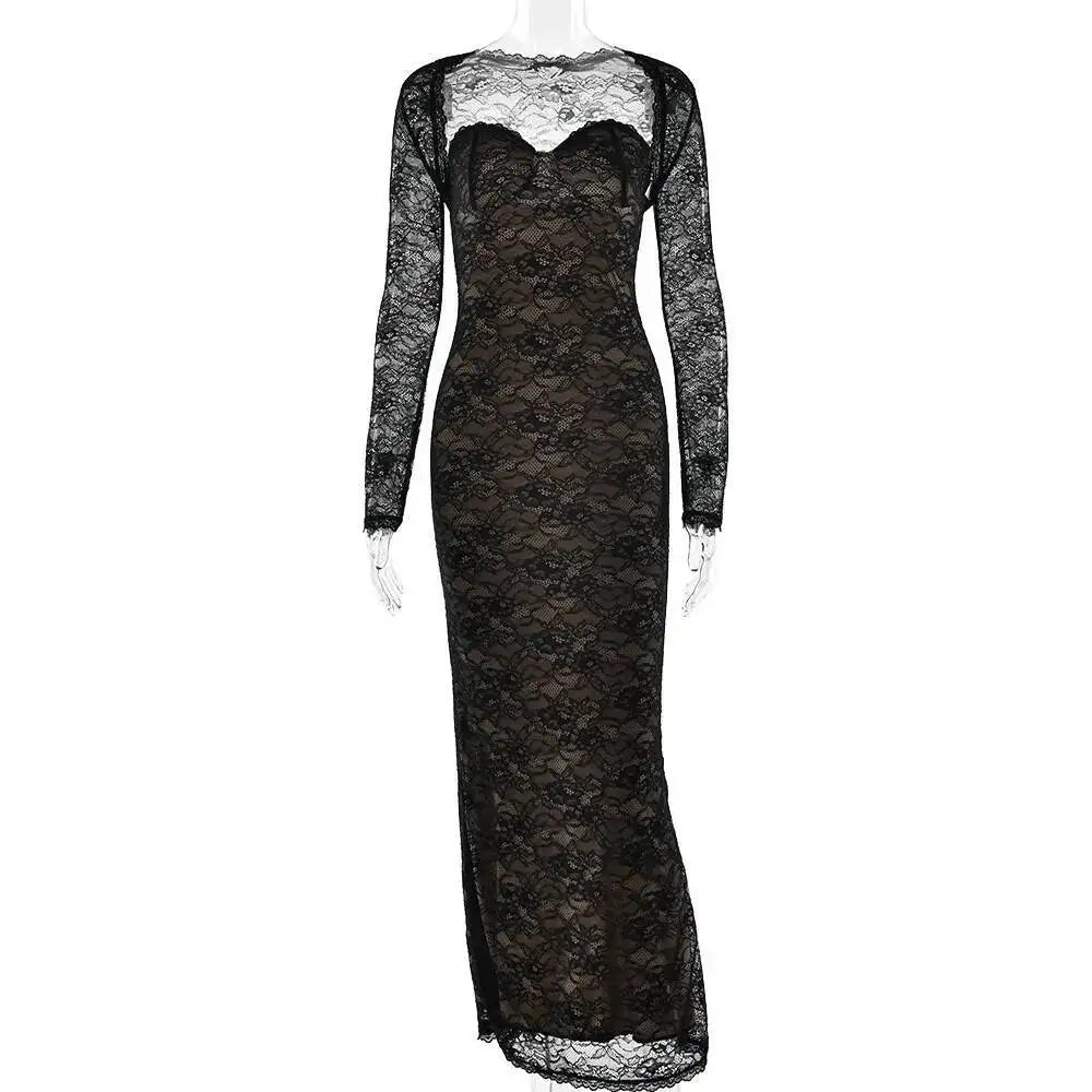 Townlike pizzo sottile aderente maxi abito lungo donna 2025 estate autunno inverno abito discoteca abiti da festa sexy con fodera a scialle