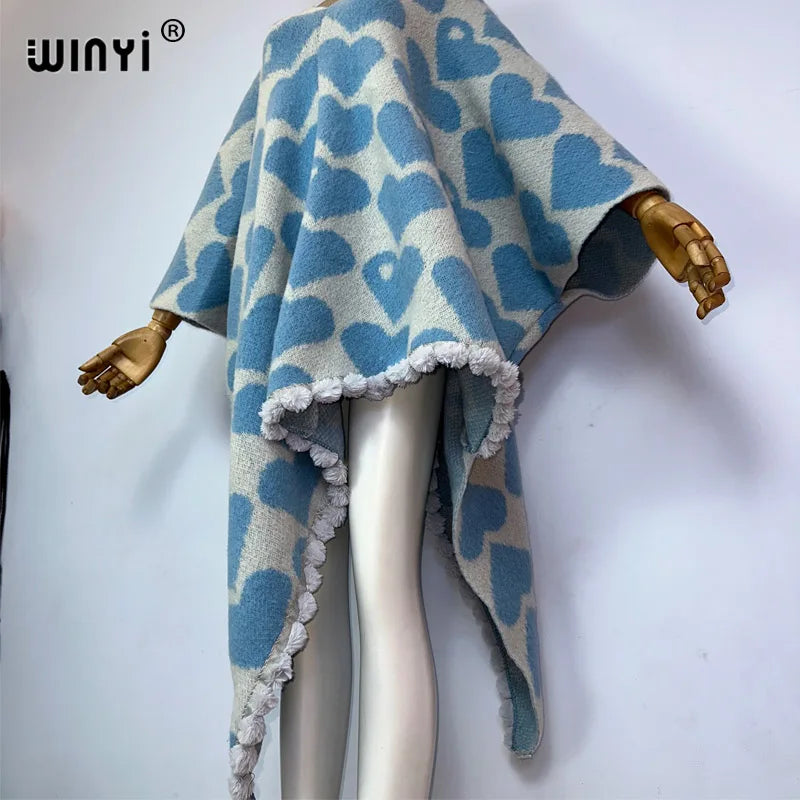 WINYI inverno scollo a v colletto mantello di alta qualità confortevole spesso caldo poncho donna natale dolce amore stampa abito irregolare