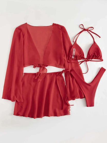 4 pezzi con pareo in rete copricostume bikini a maniche lunghe costume da bagno femminile costumi da bagno donna costume da bagno bikini a quattro pezzi costumi da bagno