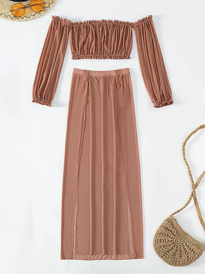 Costumi da bagno donna 2026 Nuovo solido maniche lunghe volant costume da bagno a fascia gonna lunga grembiule in rete 2 pezzi costume da bagno da spiaggia femminile