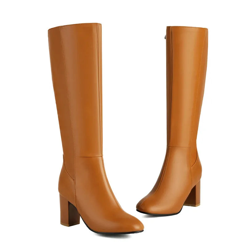 Black Long Boots Women's Fashionable Thick Heels Side Zipper Ladies Shoes Soft PU Leather Knee High Boots Plus Size 43 44 45 46