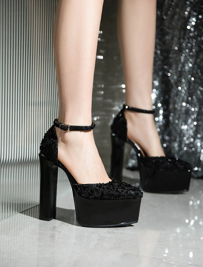 Sandali a punta neri con cinturino alla caviglia sexy per le donne Piattaforma estiva 15CM Scarpe eleganti da festa con paillettes lucide Tacchi alti vuoti laterali neri