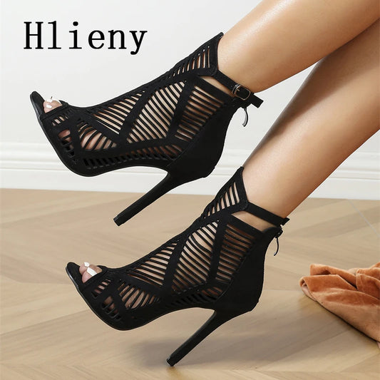 Hlieny 2026 New Sexy Fashion Boots Sandals Very Light Comfort High Quality Thin Heels Open Toe Dancing Zipper Shoes Woman