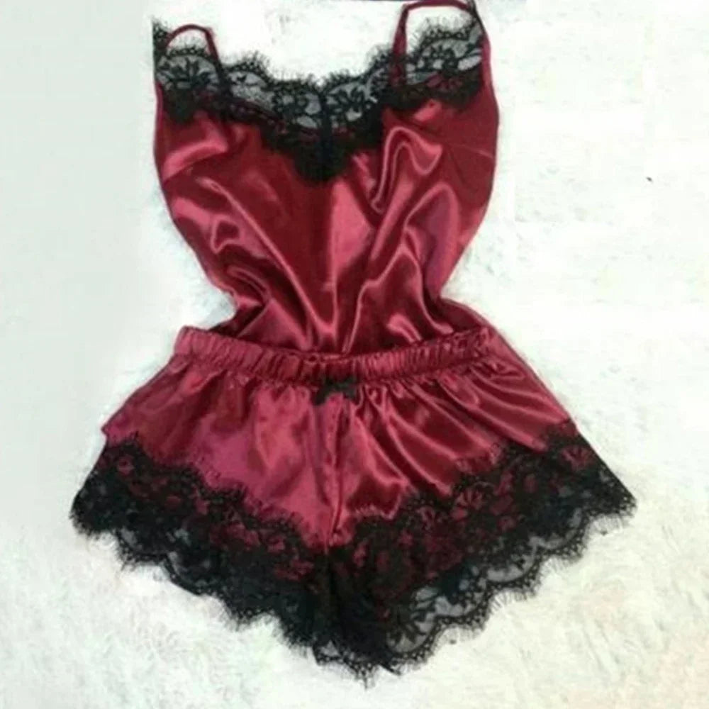 Ensemble de pyjama d'été en dentelle et soie pour femme, nuisette sexy avec caraco et short, ensemble confortable et décontracté
