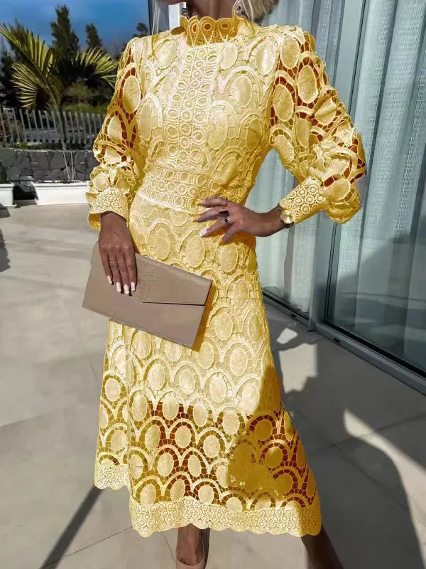 Abito lungo con maniche a sbuffo in pizzo da donna 2025 Primavera elegante nuovi abiti slim a vita alta con colletto alla coreana alla moda