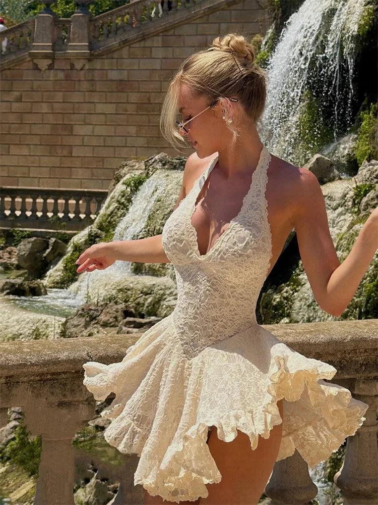 Mini Abito Estivo da Donna con Scollo a V e Halter in Pizzo, Vestito Corto Senza Maniche con Schiena Scoperta e Vita Stretta, Stile A-Line