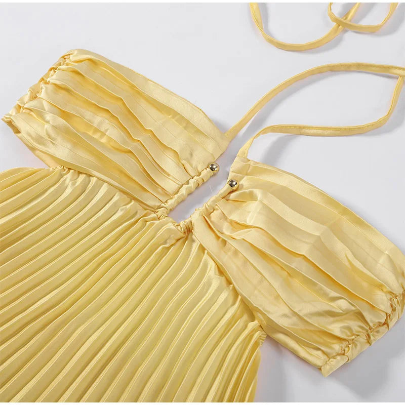 Abito Lungo Estivo da Donna con Scollo all'Americana e Pieghe, Senza Schienale, Senza Maniche, Blu, per Vacanze al Mare, Moda Femminile 2026, Vestito a Trapezio
