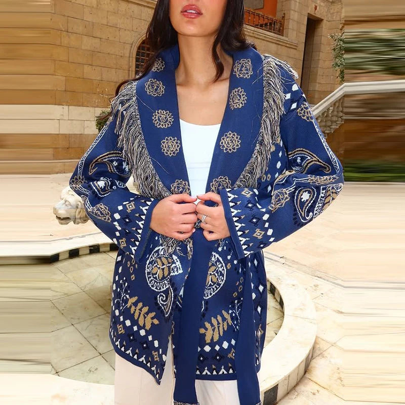 Cardigan Jacquard Lavorato a Maglia, Nuova Collezione Autunno 2026, Maglione Casual da Donna con Collo Alto e Maniche Lunghe, Cappotto in Maglia Stampata Larga